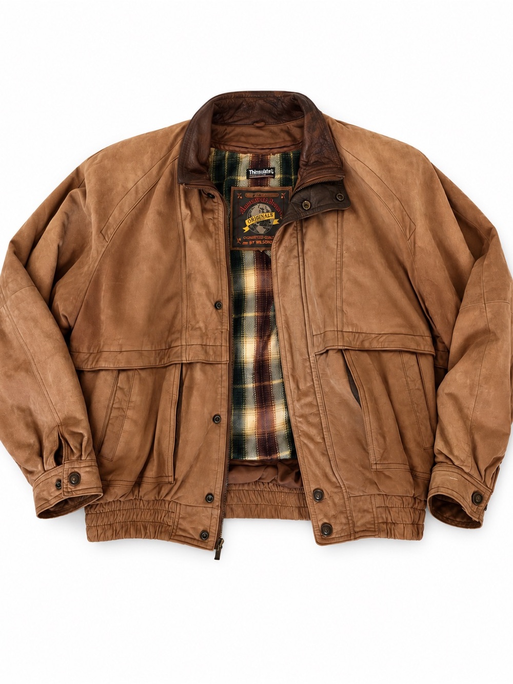 3M Thinsulate Brown Leather Bomber Jacket with Plaid Lining
